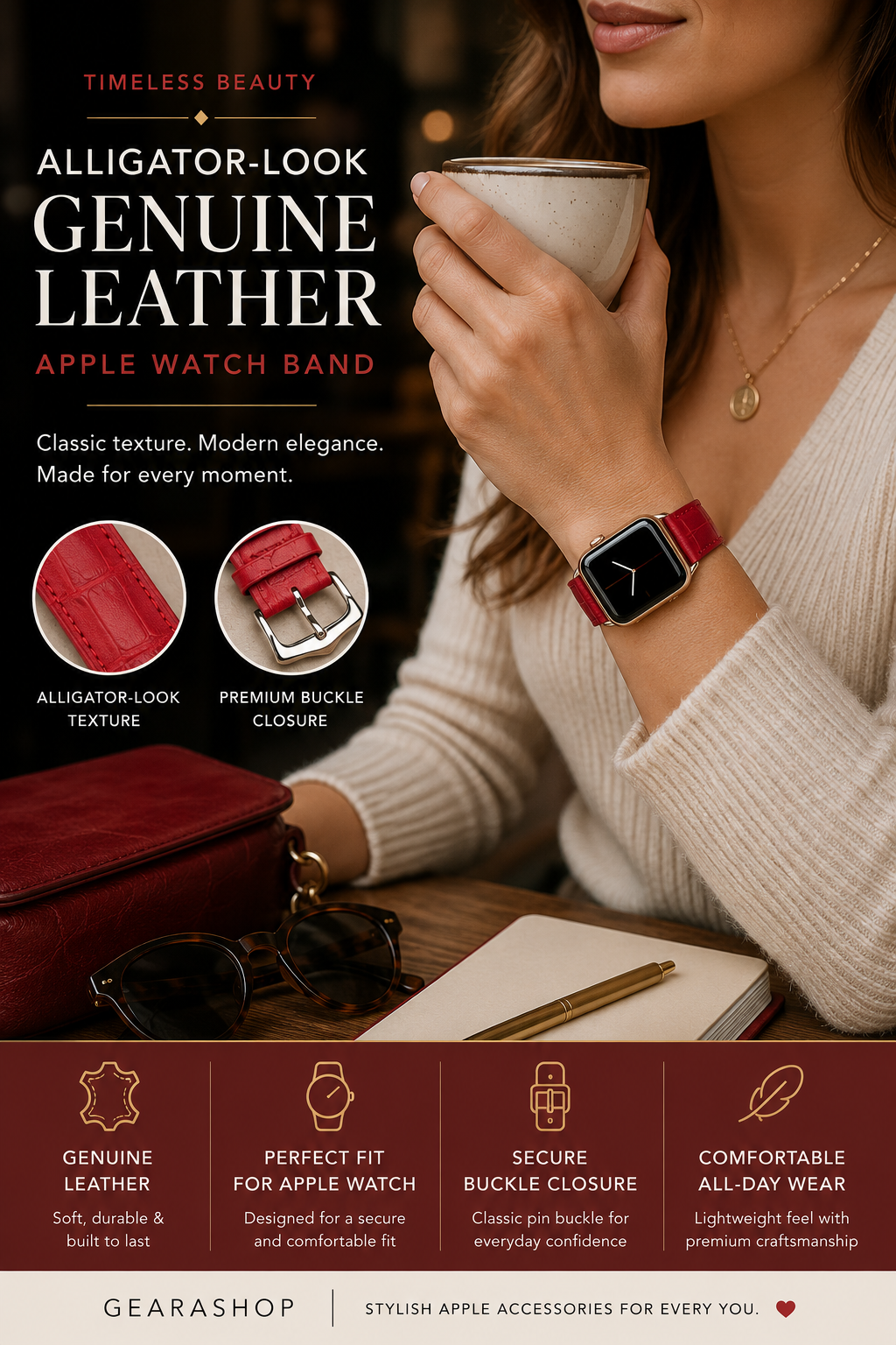 Vintage Genuine Leather Apple Watch Band – Red Crocodile Grain