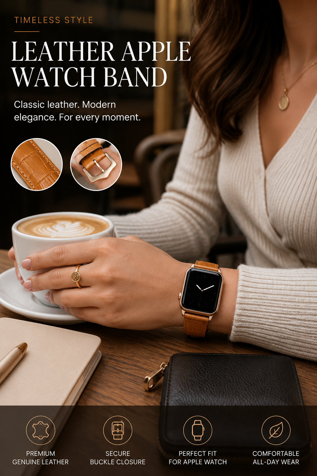 Vintage Genuine Leather Watch Band for Apple Watch – Brown Crocodile Grain