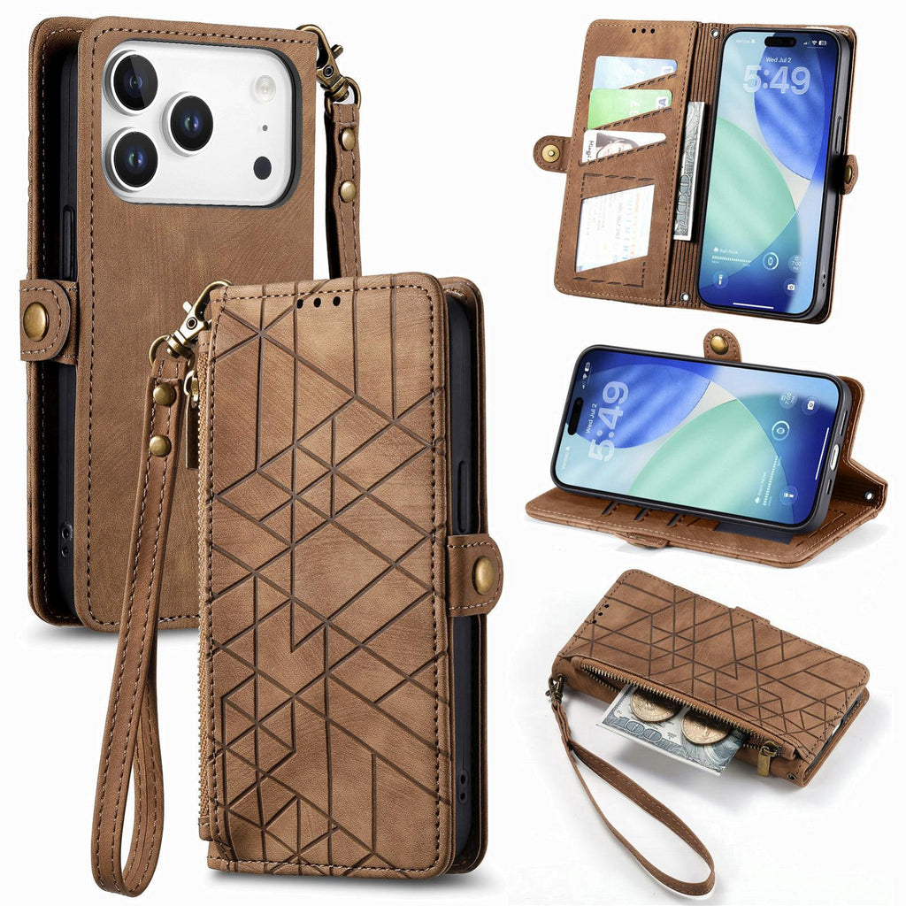 Premium Geometric Leather Wallet Phone Case with Zipper Pocket for iPhone