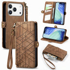 Premium Geometric Leather Wallet Phone Case with Zipper Pocket for iPhone