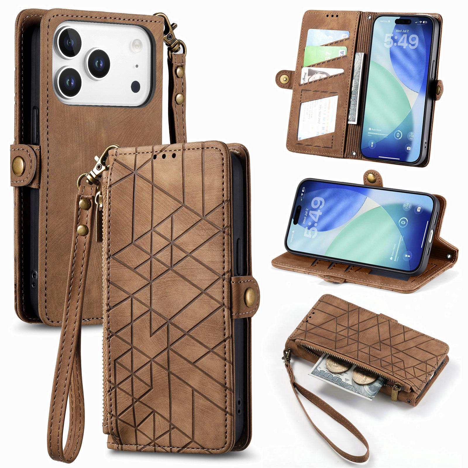 Premium Geometric Leather Wallet Phone Case with Zipper Pocket for iPhone