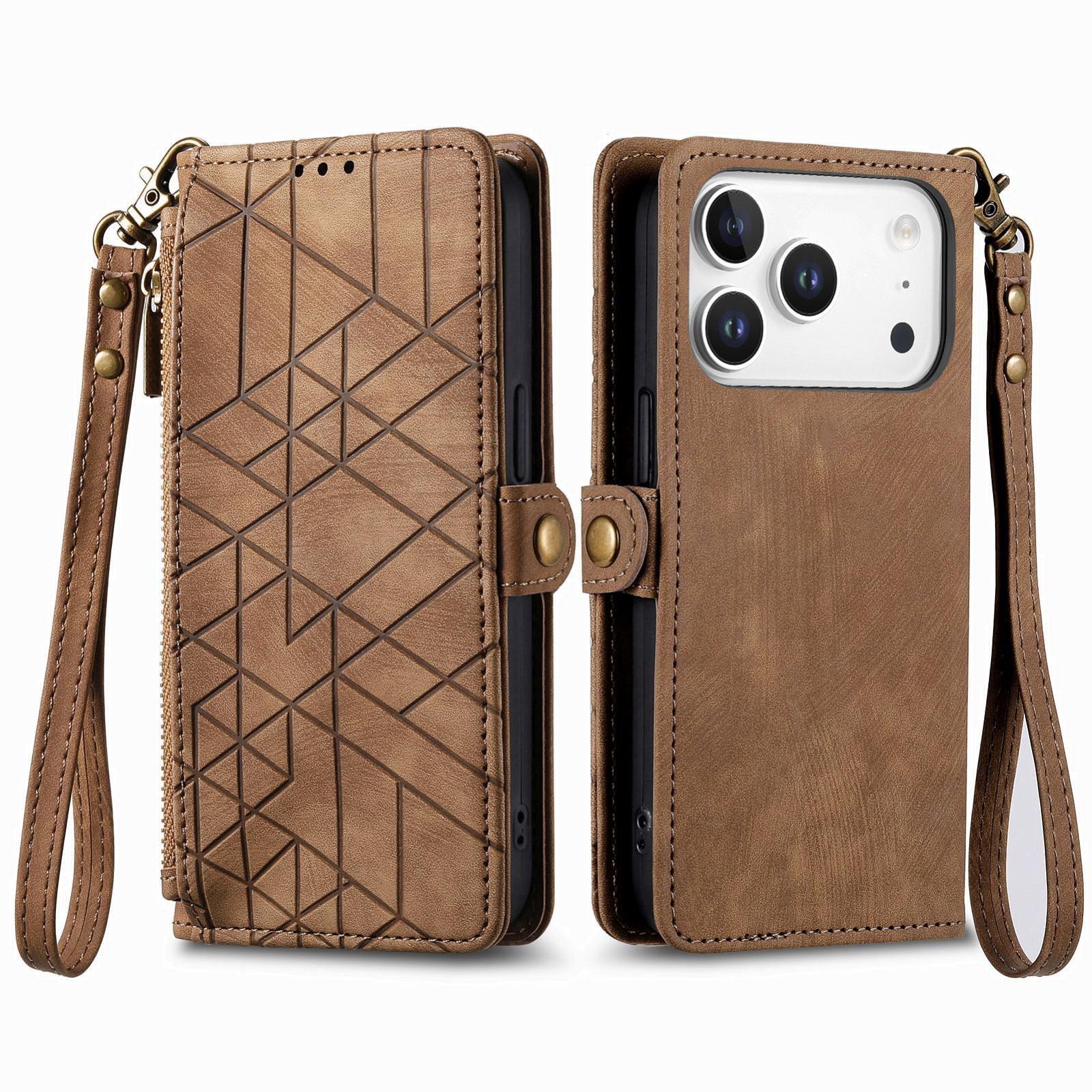 Premium Geometric Leather Wallet Phone Case with Zipper Pocket for iPhone