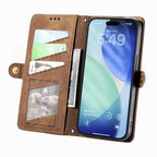 Premium Geometric Leather Wallet Phone Case with Zipper Pocket for iPhone
