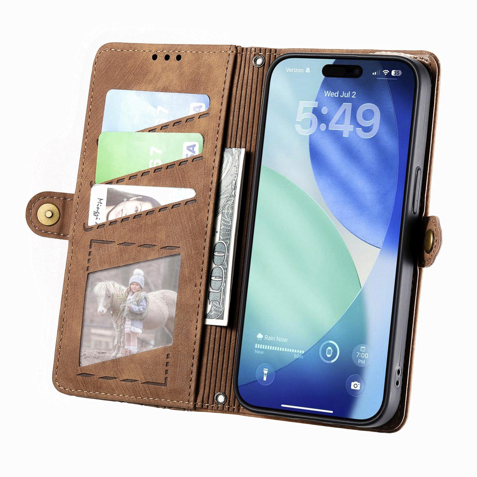 Premium Geometric Leather Wallet Phone Case with Zipper Pocket for iPhone