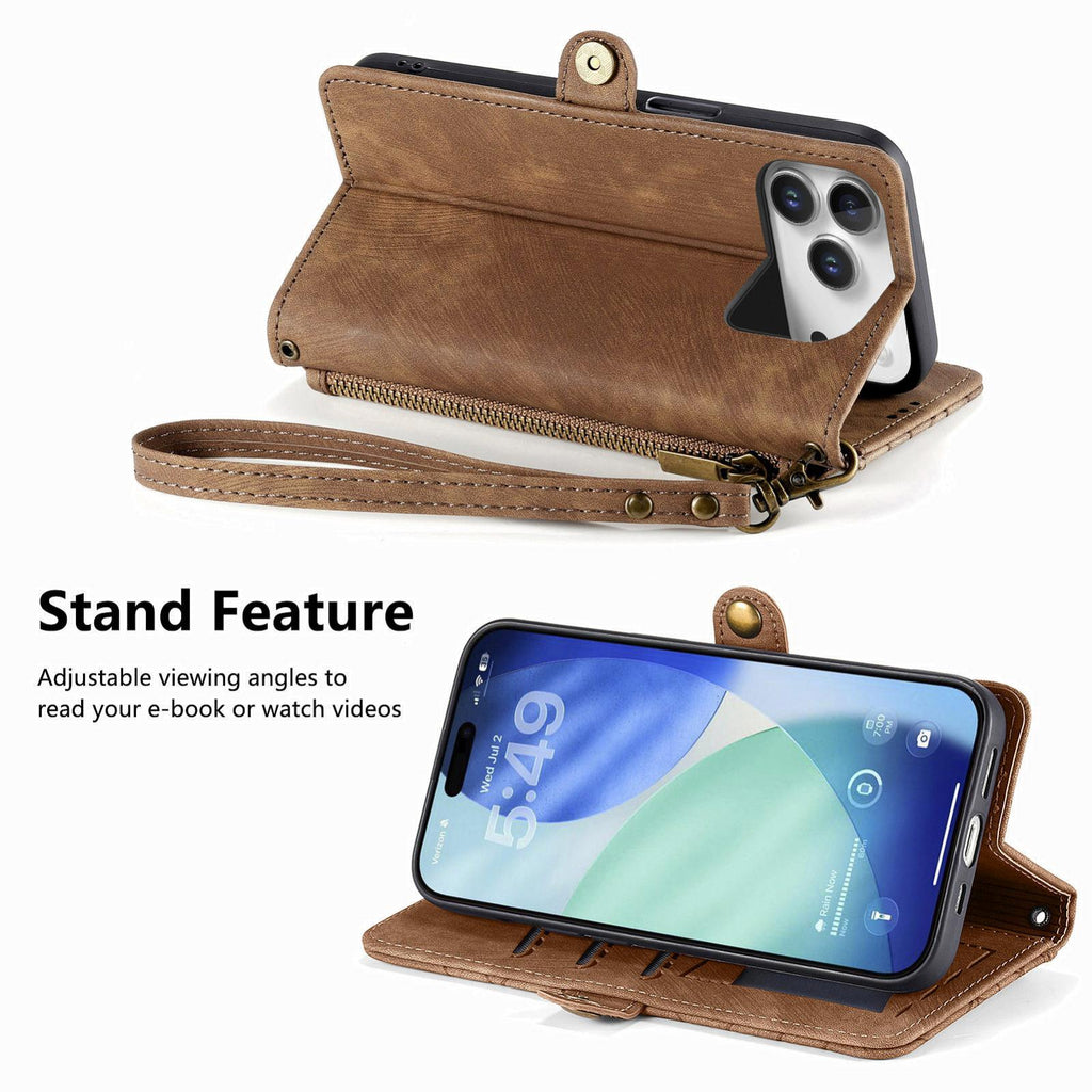 Premium Geometric Leather Wallet Phone Case with Zipper Pocket for iPhone