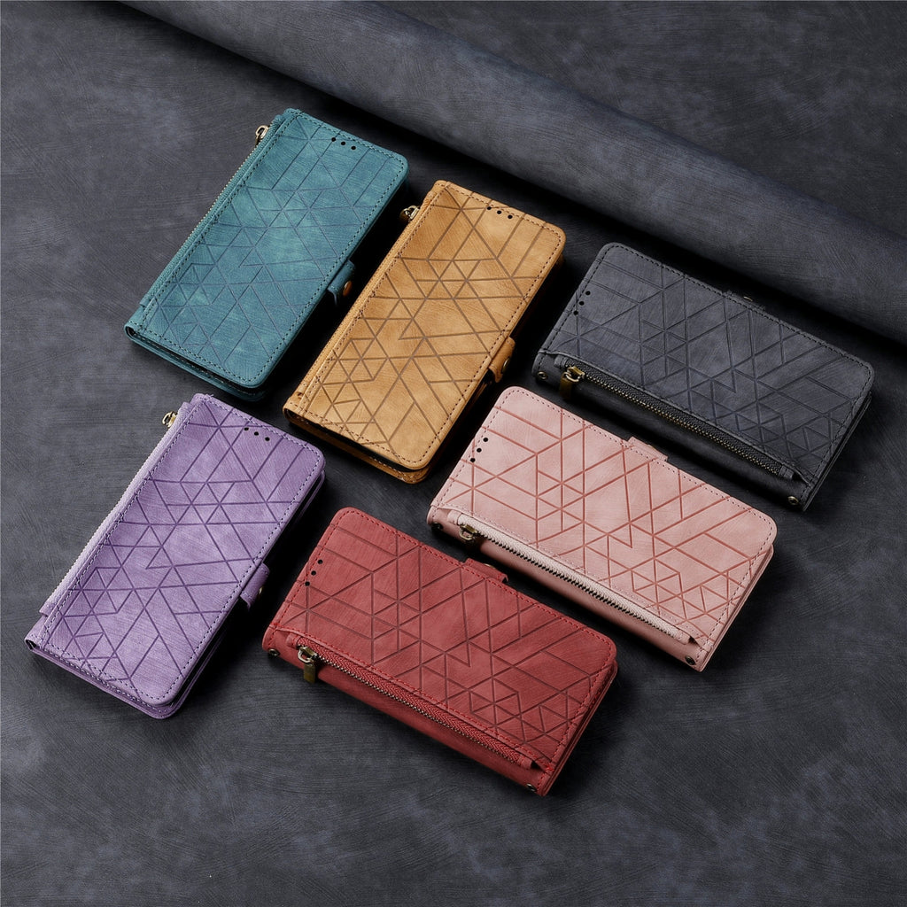 Premium Geometric Leather Wallet Phone Case with Zipper Pocket for iPhone