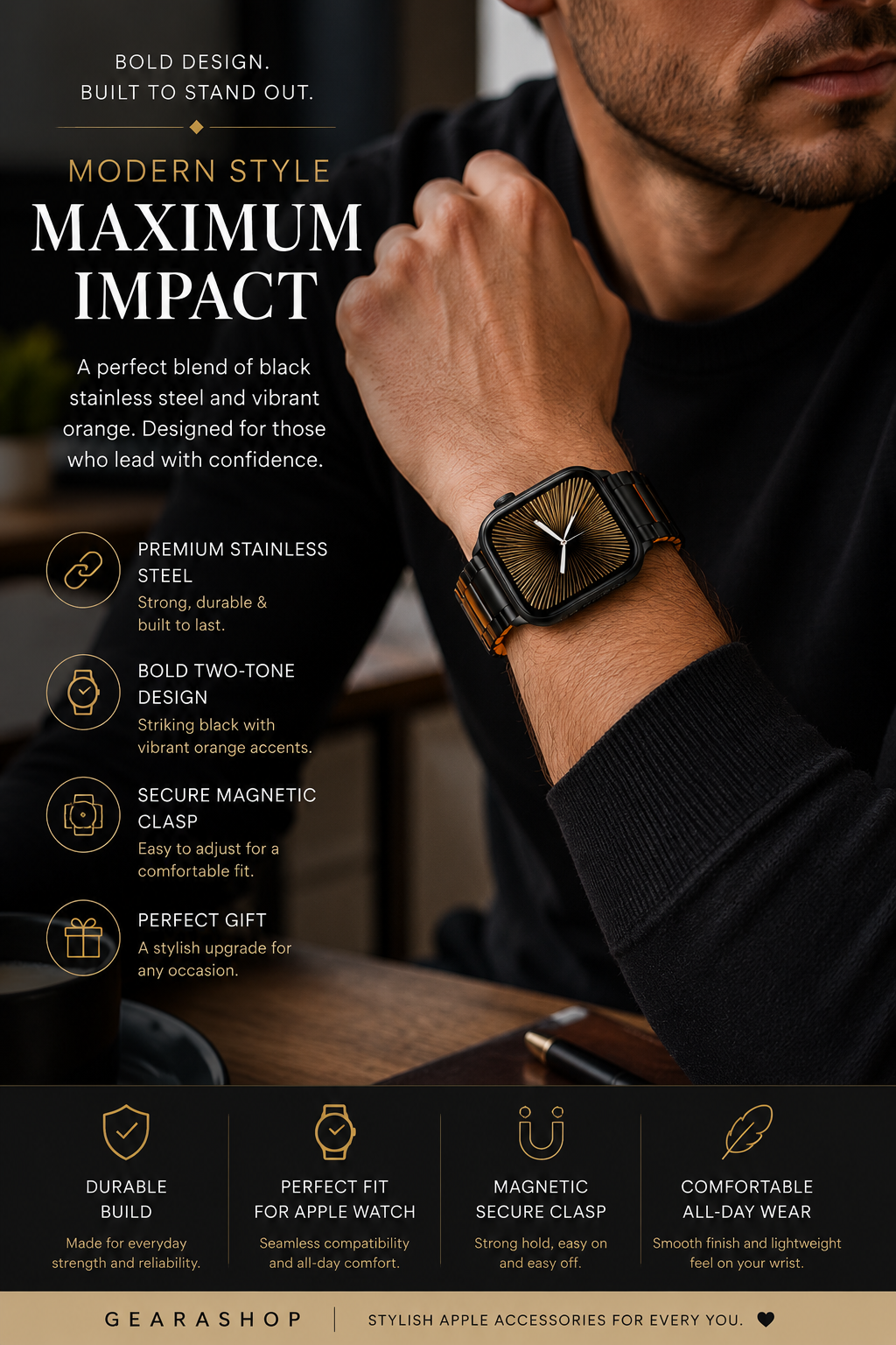 Magnetic Stainless Steel Watch Band with Silicone Lining for Apple Watch – Black & Orange