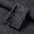 Premium Geometric Leather Wallet Phone Case with Zipper Pocket for iPhone