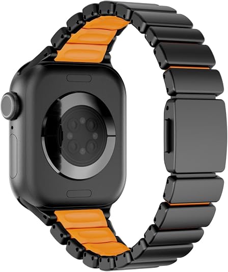 Premium Magnetic Stainless Steel Apple Watch Band with Silicone Comfort Lining – Black & Orange