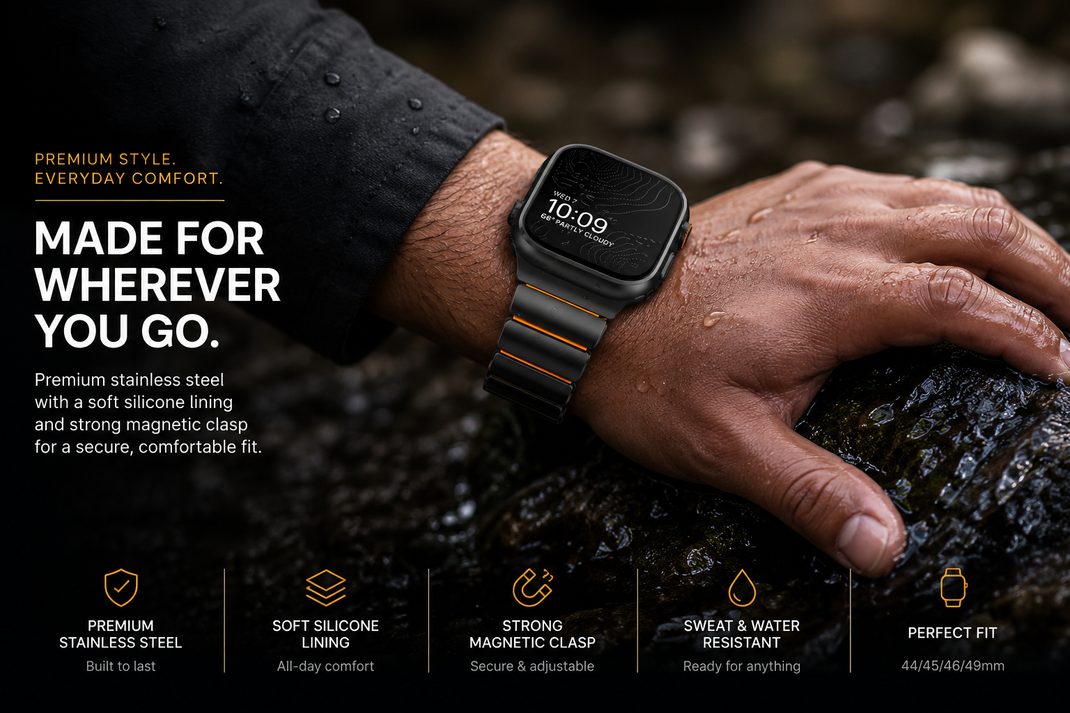 Premium Magnetic Stainless Steel Apple Watch Band with Silicone Comfort Lining – Black & Orange
