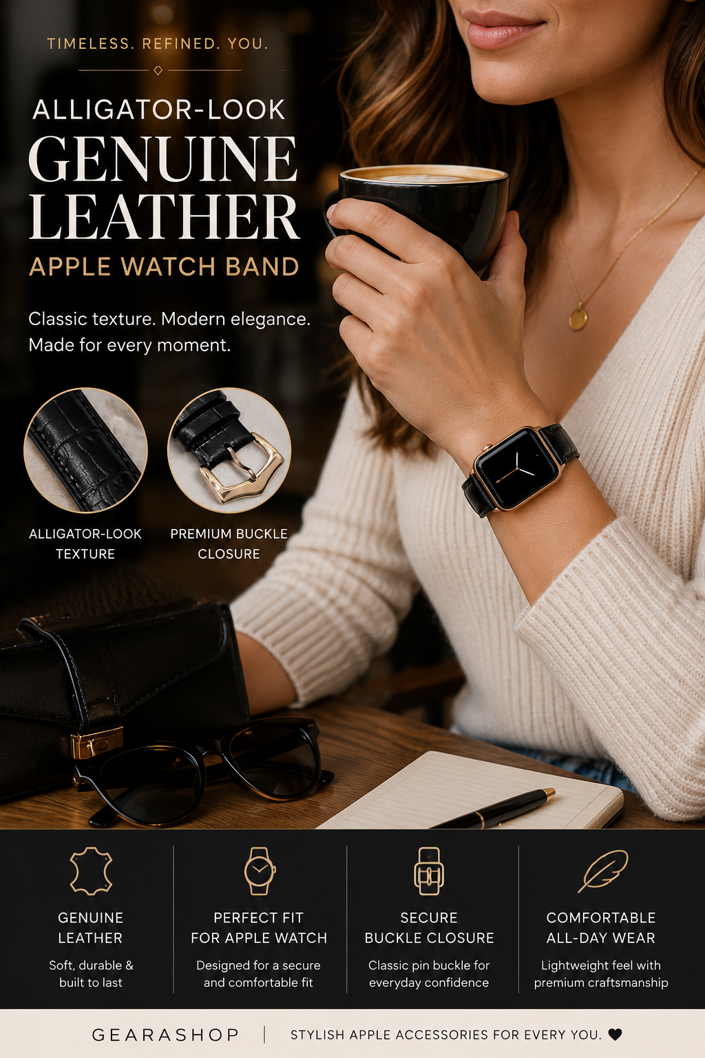 Vintage Genuine Leather Watch Band for Apple Watch | Black Crocodile Grain