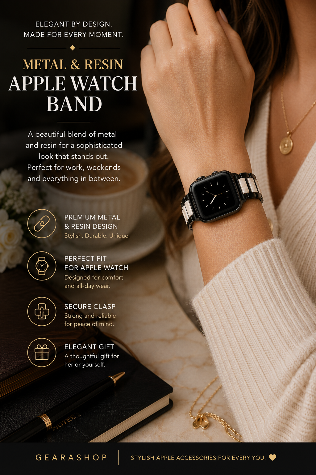 Stainless Steel & White Resin Watch Band for Apple Watch