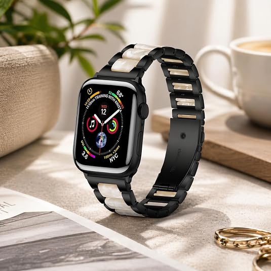 Modern Black & White Metal & Resin Apple Watch Band for Women – Stainless Steel Bracelet Strap